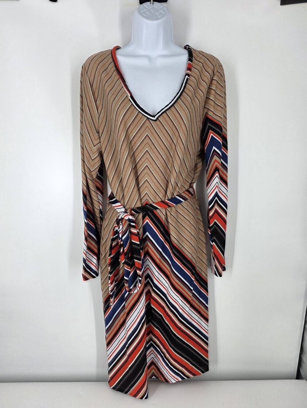 Ashley Stewart Chevron Stripe Knit Dress 14/16 Multi Color Long Sleeve Belted